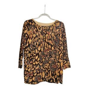 Jones New York Signature Sz M Black Brown Multi Color Rhinestones Silk Nylon Top